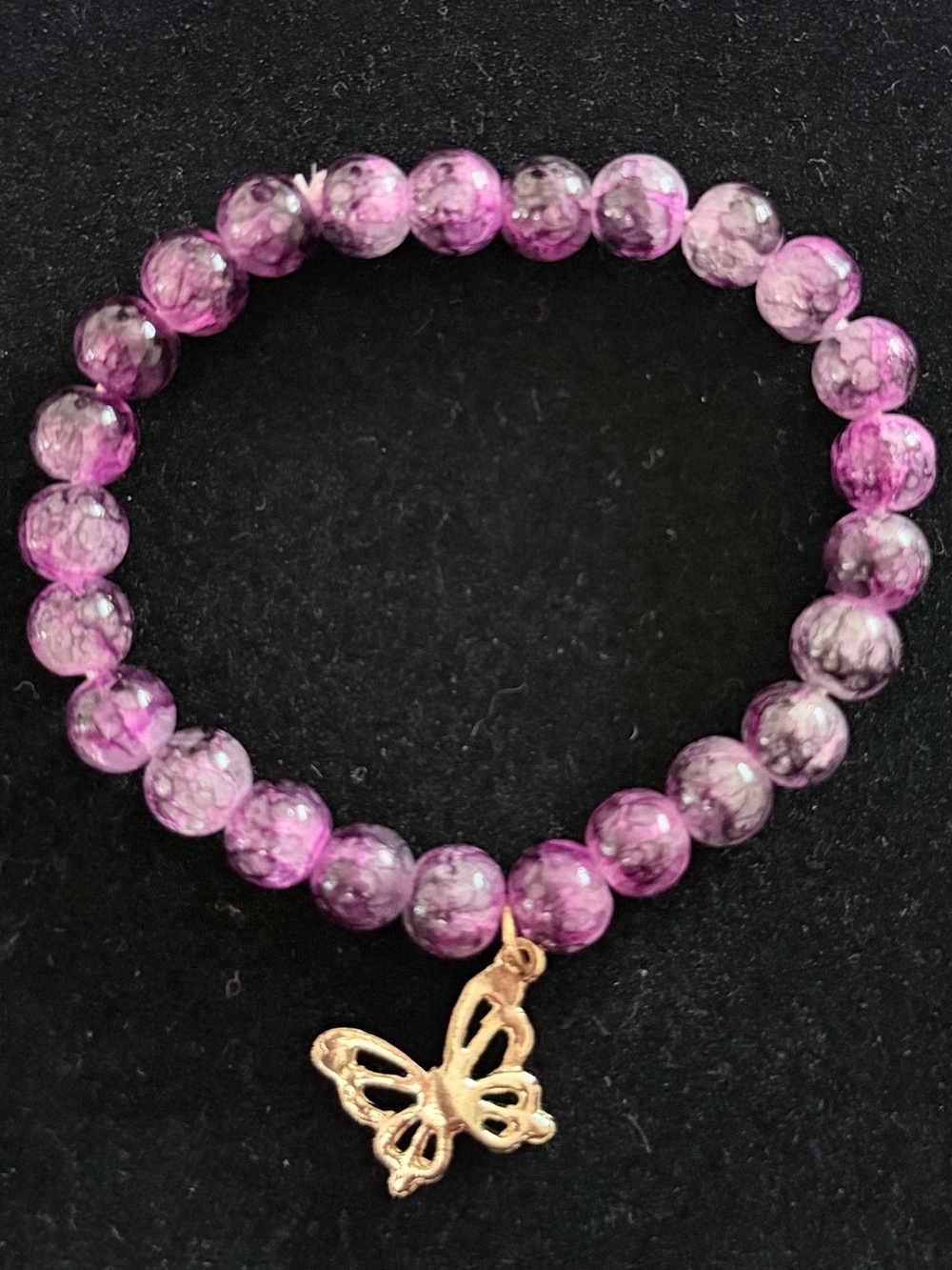 Purple glass Beaded Bracelet with Butterfly Charm